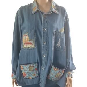 Vintage Levi's Denim Shirt Custom Travel Patches Paris Italy China L/XL
